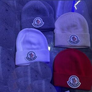 Moncler Beanie Set - Red, Gray, White, and tan
